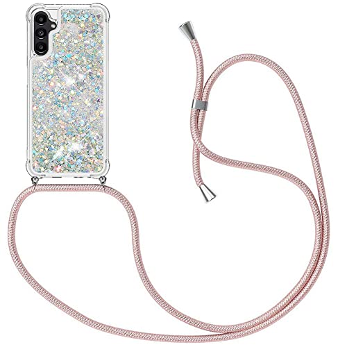 MXKOCO Handykette kompatibel mit Samsung Galaxy A14 5G Glitzer Flüssig Bewegende Treibsand Hülle mit Band Umhängetaschen+Hüllen mit Umhängeband Handykordel mit Schutzhülle Stylische Kette mit Hülle von MXKOCO