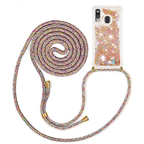 MXKOCO Handykette kompatibel mit Samsung Galaxy A40 Glitzer Flüssig Bewegende Treibsand Hülle mit Band Umhängetaschen+Hüllen mit Umhängeband Handykordel mit Schutzhülle Stylische Kette mit Hülle von MXKOCO