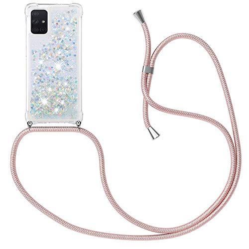 MXKOCO Handykette kompatibel mit Samsung Galaxy A71 Glitzer Flüssig Bewegende Treibsand Hülle mit Band Umhängetaschen+Hüllen mit Umhängeband Handykordel mit Schutzhülle Stylische Kette mit Hülle von MXKOCO