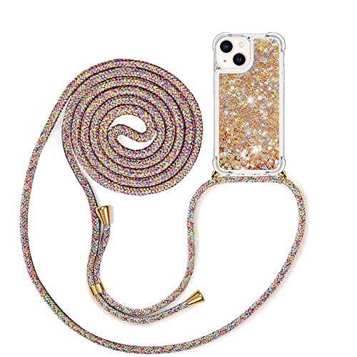 MXKOCO Handykette kompatibel mit iPhone 15 (6.1) Glitzer Flüssig Bewegende Treibsand Hülle mit Band Umhängetaschen+Hüllen mit Umhängeband Handykordel mit Schutzhülle Stylische Kette mit Hülle von MXKOCO