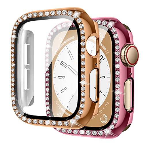 2 Stück Bling Hülle kompatibel für Apple Watch 45mm 44mm 41mm 40mm,glänzende Diamanten gehärtetes Glas Displayschutzfolie PC Schutzhülle für iwatch Serie 8 7 6 5 4/SE,Roségold+Rosérosa von MYAPULUA