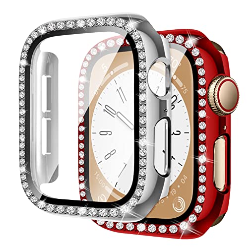 MYAPULUA 2 Stück Bling Hülle kompatibel für Apple Watch 45mm 44mm 41mm 40mm,glänzende Diamanten gehärtetes Glas Displayschutzfolie PC Schutzhülle für iwatch Serie 8 7 6 5 4/SE,silber+rot von MYAPULUA