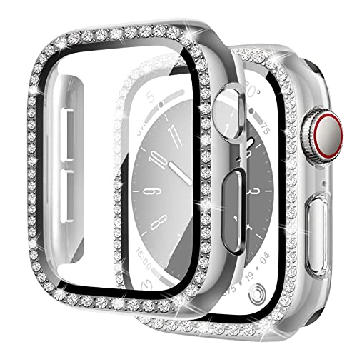 2 Stück Bling Hülle kompatibel für Apple Watch 45mm 44mm 41mm 40mm,glänzende Diamanten gehärtetes Glas Displayschutzfolie PC Schutzhülle für iwatch Serie 8 7 6 5 4/SE,Silber+transparent von MYAPULUA