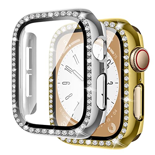 2 Stück Bling Hülle kompatibel für Apple Watch 45mm 44mm 41mm 40mm,glänzende Diamanten gehärtetes Glas Displayschutzfolie PC Schutzhülle für iwatch Serie 8 7 6 5 4/SE,Silber + Gold von MYAPULUA