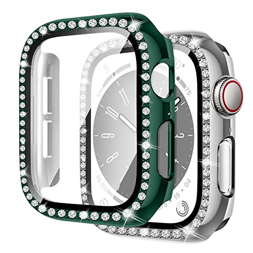 MYAPULUA 2 Stück Bling Hülle kompatibel für Apple Watch 45mm 44mm 41mm 40mm,glänzende Diamanten gehärtetes Glas Displayschutzfolie PC Schutzhülle für iwatch Serie 8 7 6 5 4/SE,grün+silber von MYAPULUA