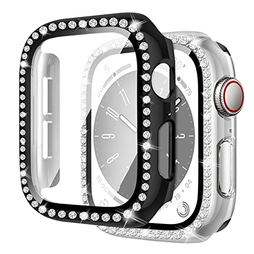 MYAPULUA 2 Stück Bling Hülle kompatibel für Apple Watch 45mm 44mm 41mm 40mm,glänzende Diamanten gehärtetes Glas Displayschutzfolie PC Schutzhülle für iwatch Serie 8 7 6 5 4/SE,schwarz+transparent von MYAPULUA