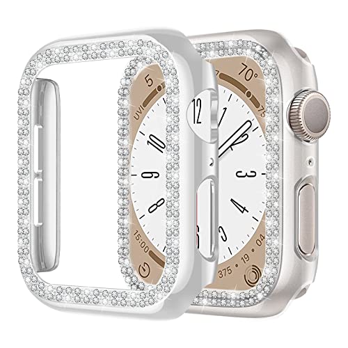 2 Stück Hülle kompatibel für Apple Watch 40mm 44mm 41mm 45mm,glänzender Diamant Kristall Strass Schutzrahmen für iWatch 8 7 6 5 4 SE Damen Mädchen,Silber+transparent von MYAPULUA