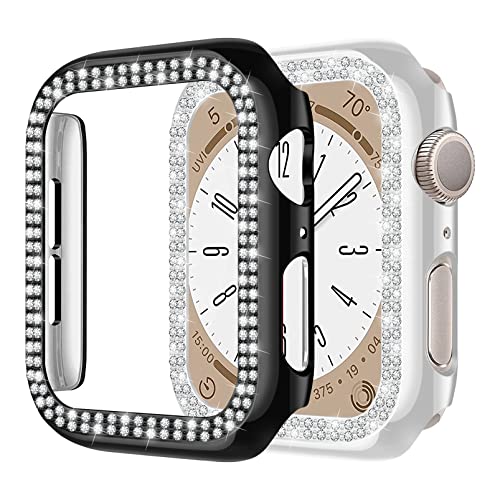 2 Stück Hülle kompatibel für Apple Watch 40mm 44mm 41mm 45mm,glänzender Diamant Kristall Strass Schutzrahmen für iWatch 8 7 6 5 4 SE Damen Mädchen,schwarz+Silber von MYAPULUA