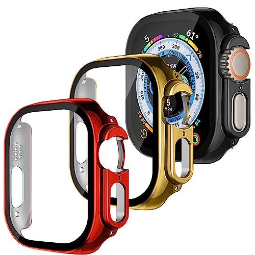 3 Stück Hülle für Apple Watch Ultra,Hart PC Schutzhülle mit Displayschutz aus gehärtetem Glas Anti-Kratz Protective Case für Apple Ultra 49mm Hülle (rot/Gold/schwarz) von MYAPULUA