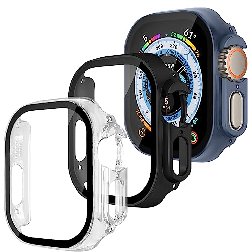 3 Stück Hülle für Apple Watch Ultra,Hart PC Schutzhülle mit Displayschutz aus gehärtetem Glas Anti-Kratz Protective Case für Apple Ultra 49mm Hülle (transparent/matt schwarz/matt tiefblau) von MYAPULUA