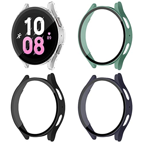 4 Stück kompatibel für Samsung Galaxy Watch 5 40mm 44mm PC Schutzhülle mit Displayschutz aus gehärtetem Glas für Galaxy Watch 5 Pro 45mm case,Transparent+Grün+Schwarz+Mitternachtsblau von MYAPULUA