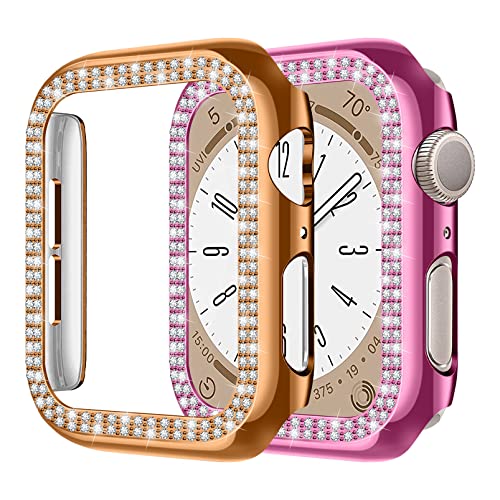 MYAPULUA 2 Stück Hülle kompatibel für Apple Watch 40mm 44mm 41mm 45mm,glänzender Diamant Kristall Strass Schutzrahmen für iWatch 8 7 6 5 4 SE Damen Mädchen,Roségold+Rosa von MYAPULUA