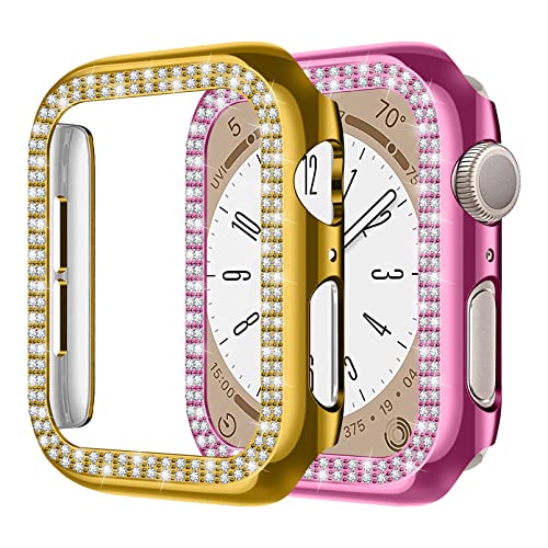 2 Stück Hülle kompatibel für Apple Watch 40mm 44mm 41mm 45mm,glänzender Diamant Kristall Strass Schutzrahmen für iWatch 8 7 6 5 4 SE Damen Mädchen,Gold+rosa von MYAPULUA