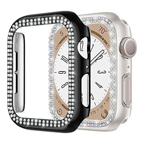 MYAPULUA 2 Stück Hülle kompatibel für Apple Watch 40mm 44mm 41mm 45mm,glänzender Diamant Kristall Strass Schutzrahmen für iWatch 8 7 6 5 4 SE Damen Mädchen,schwarz+transparent von MYAPULUA