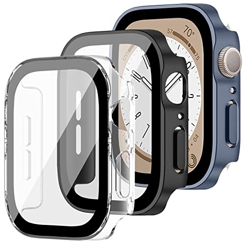 MYAPULUA 3 Stück Hülle Kompatibel für Apple Watch 45mm 41mm 44mm 40mm Hart PC Schutzhülle mit Displayschutz aus gehärtetem Glas Anti-Kratz Protective Cover für iWatch Serie 8 7 6 5 4 SE von MYAPULUA