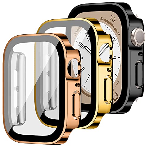 3 Stück Hülle Kompatibel für Apple Watch 45mm 41mm 44mm 40mm Hart PC Schutzhülle mit Displayschutz aus gehärtetem Glas Anti-Kratz Protective Cover für iWatch Serie 8 7 6 5 4 SE von MYAPULUA