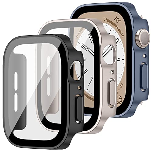 MYAPULUA 3 Stück Hülle Kompatibel für Apple Watch 45mm 41mm 44mm 40mm Hart PC Schutzhülle mit Displayschutz aus gehärtetem Glas Anti-Kratz Protective Cover für iWatch Serie 8 7 6 5 4 SE von MYAPULUA