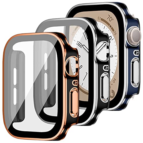 MYAPULUA 3 Stück Hülle Kompatibel für Apple Watch 45mm 41mm 44mm 40mm Hart PC Schutzhülle mit Displayschutz aus gehärtetem Glas Anti-Kratz Protective Cover für iWatch Serie 8 7 6 5 4 SE von MYAPULUA