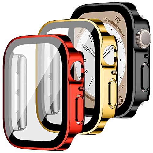 MYAPULUA 3 Stück Hülle Kompatibel für Apple Watch 45mm 41mm 44mm 40mm Hart PC Schutzhülle mit Displayschutz aus gehärtetem Glas Anti-Kratz Protective Cover für iWatch Serie 8 7 6 5 4 SE von MYAPULUA