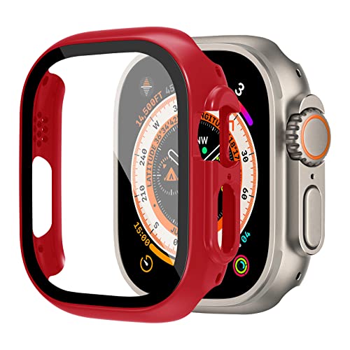 MYAPULUA Hülle kompatibel für Apple Watch Ultra 49mm, Displayschutzfolie aus gehärtetem Glasharter PC vollständige Schutzhülle Case für iWatch Serie 8 ultra [kratzfest] [HD],rot von MYAPULUA