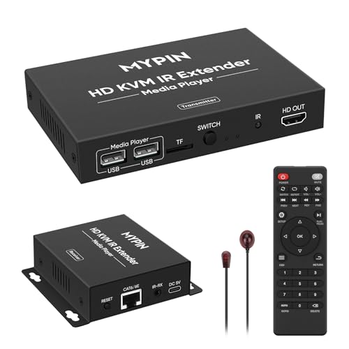 1080P HDMI KVM Extender über Cat 6/7/8 Kabel bis zu 492ft für USB-Laufwerke, HDMI Extender mit 3.5mm Audio & Ausschleifen, Unterstützt IR-Fernbedienung, Unterstützung für eine bis viele Verbindungen von MYPIN