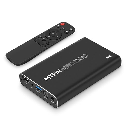 4K-HD-Media-Player, MYPIN HDMI/AV/Koax-Ausgang für MP4 MP3 MKV mit Fernbedienung, Videos und Fotos mit USB3.0-Laufwerk/SD-Karte/HDD/externes Gerät, unterstützt den Einsatz interner von MYPIN