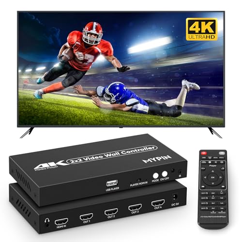 MYPIN 4K@30HZ 2X2 Videowand-Steuerung mit Media Player Funktion, 4-Kanal Splicing Display Controller mit Fernbedienung für 4 TV-Bildschirme, 180 Grad drehbar, 8 Spleiß-Modi von MYPIN