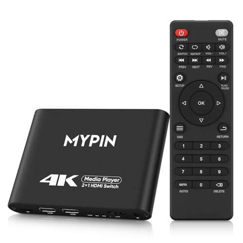 MYPIN 4K Medienspieler mit 2 in 1 Ausgang HDMI Umschaltfunktion, 2 Anschluss HDMI Umschalter, Automatische Umschaltung mit Fernbedienung unterstützt Bild/Musik/Video Looping/Automatische Wiedergabe von MYPIN