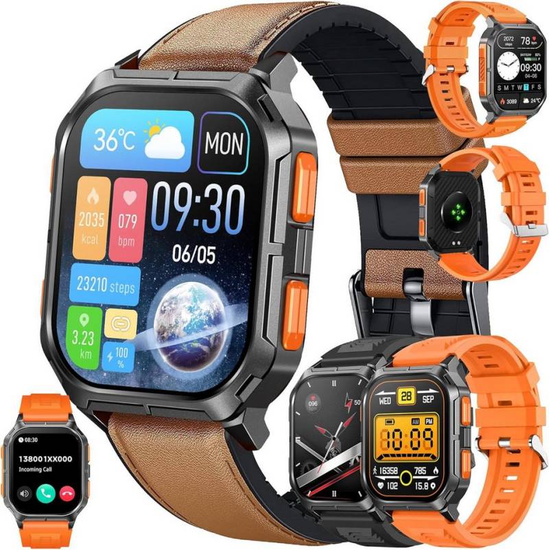MYSHUN Herren's Telefonfunktion 5ATM Wasserdicht Militär Smartwatch (5,11 cm/2,01 Zoll, Android/iOS), mit austauschbarem weichem Silikonarmband, mit Blutdruckmessung SpO2 123 Sportmodi Aktivitätstracker von MYSHUN