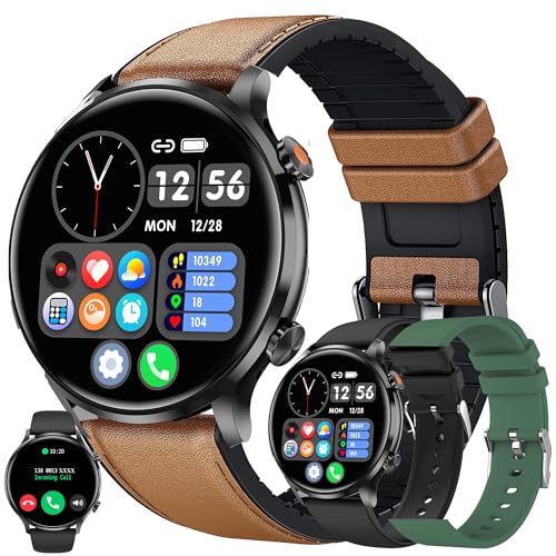 Smartwatch Herren mit Telefonfunktion, 1,39” Touchscreen IP68 Wasserdicht Sportuhr Aktivitätstracker mit Blutdruckmessung SpO2 123 Sportmodi Uhr kompatibel mit iOS Android, 3 Uhrenarmbänder (Braun) von MYSHUN