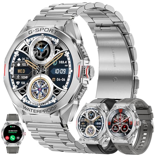 Smartwatch Herren mit Telefonfunktion, 1,46” AMOLED Fitness Smart Watch Fitness Tracker 123 Sportmodi Aktivitätstracker mit Blutdruck Schlafmonitor Schrittzähler Armbanduhr für IOS Android (Silber) von MYSHUN