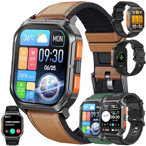 Smartwatch Herren mit Telefonfunktion, 2,01” Touchscreen 5ATM Wasserdicht Sportuhr Aktivitätstracker mit Blutdruckmessung SpO2 123 Sportmodi Militär Uhr kompatibel mit iOS Android (Schwarz Orange) von MYSHUN