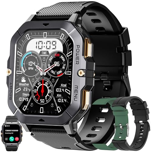 Smartwatch Herren mit Telefonfunktion, 2,02” AMOLED 5ATM Smart Watch Armbanduhr 100+ Sportmodi Aktivitätstracker mit Blutdruck Schlafmonitor Fitness Tracker für IOS Android, 3 Uhrenarmbänder (Schwarz) von MYSHUN