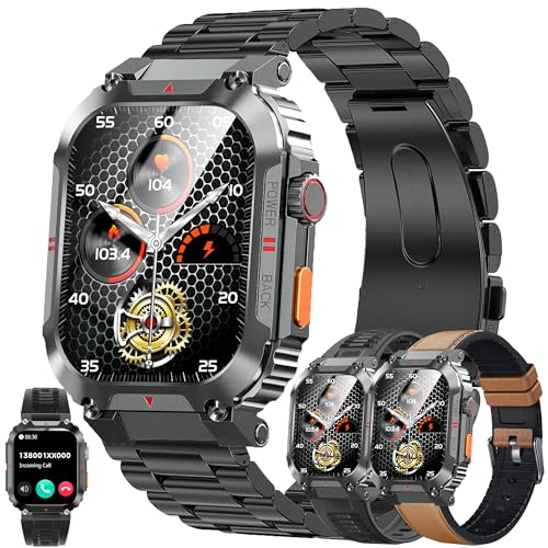 Smartwatch Herren mit Telefonfunktion, 2,02” Touchscreen IP68 Wasserdicht Stahl Sportuhr Aktivitätstracker mit Blutdruckmessung 123 Sportmodi Uhr kompatibel mit iOS Android, 3 Uhrenarmbänder (Schwarz) von MYSHUN