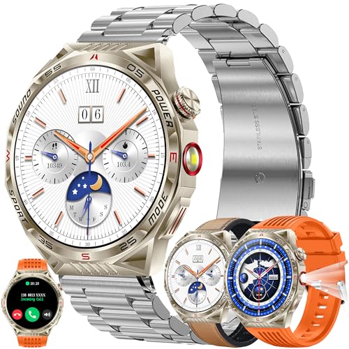 Smartwatch Herren mit Telefonfunktion, Taschenlampe, 1,85” AMOLED 5ATM Rund Smart Watch Aktivitätstracker mit 123 Sportmodi Blutdruck Schlafmonitor Schrittzähler Armbanduhr für IOS Android (Silber) von MYSHUN
