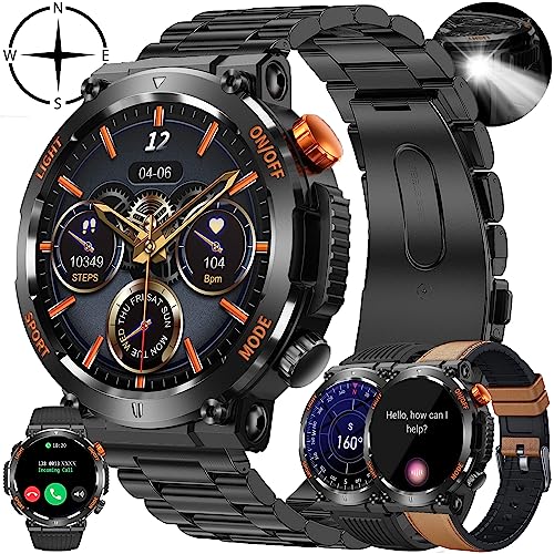 Smartwatch Herren mit Telefonfunktion,1,46”Touchscreen IP68 Wasserdicht Sportuhr Aktivitätstracker mit Taschenlampe, Blutdruckmessung, SpO2, 123 Sportmodi, Militär Uhr kompatibel mit iOS Android von MYSHUN