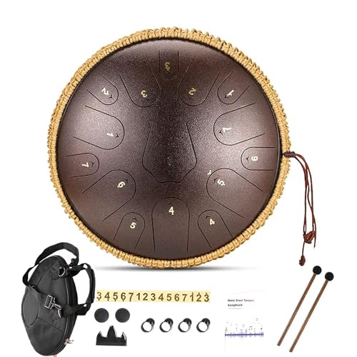 Zungentrommel, 14 Zoll 15 Töne Stahl-Handpan-Trommel mit Trommelschlägel-Tragetasche, C-Dur Professionelle ätherische Musiktrommeln(Brown) von MYXJX