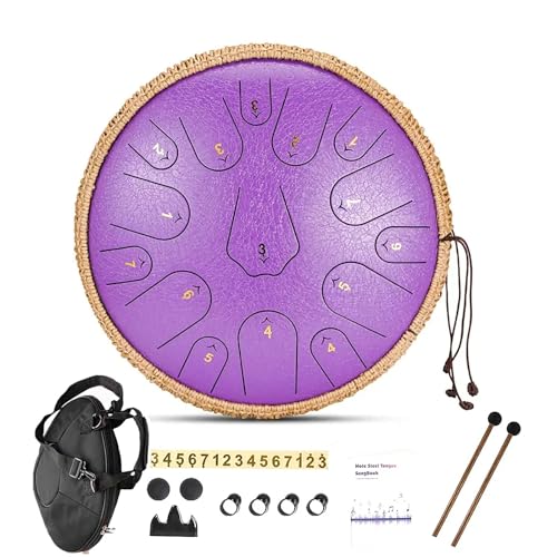 Zungentrommel, 14 Zoll 15 Töne Stahl-Handpan-Trommel mit Trommelschlägel-Tragetasche, C-Dur Professionelle ätherische Musiktrommeln(Purple) von MYXJX