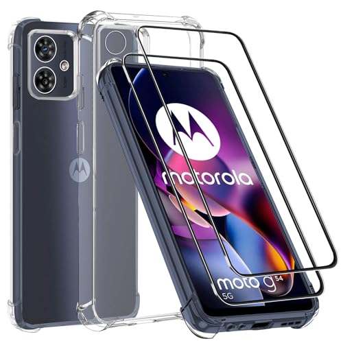 Schutzhülle und Displayschutzfolie für Moto Motorola G54 5G, 16,5 cm (6,5 Zoll), transparent, 2 Stück gehärtetes Glas, kratzfest, einfach zu installieren, weiche TPU-Schutzhülle, stoßdämpfende Ecken von MZBESTCable