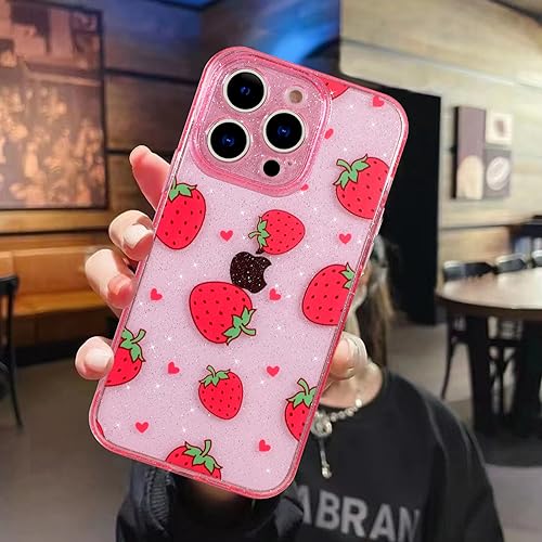 MZELQ Kompatibel mit Phone 15 Pro Hülle Erdbeere Bling Glitzer süßes Muster, stoßfeste süße Erdbeere kristallklare Handyhülle + 1 x Displayschutzfolie, Ganzkörperschutzabdeckung, rosa von MZELQ