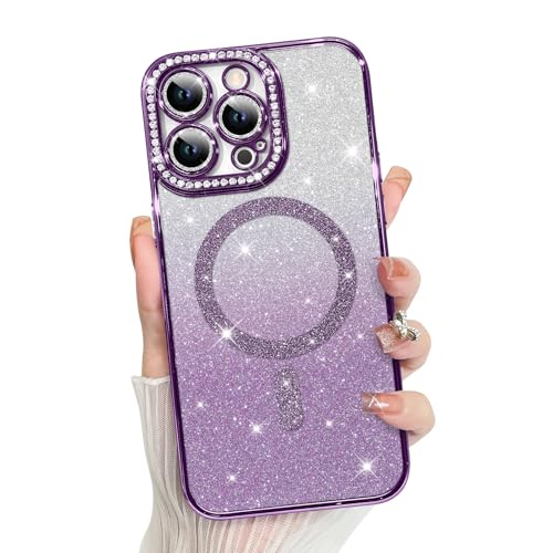 MZELQ Kompatibel mit iPhone 12 Pro Hülle, Plating Magnetic [Unterstützung für Magsafe] Bling Glitzer Sparkly Back Diamond Kamera Objektiv Abdeckung Kristall Matt Luxus Hülle für Mädchen Frauen Lila von MZELQ