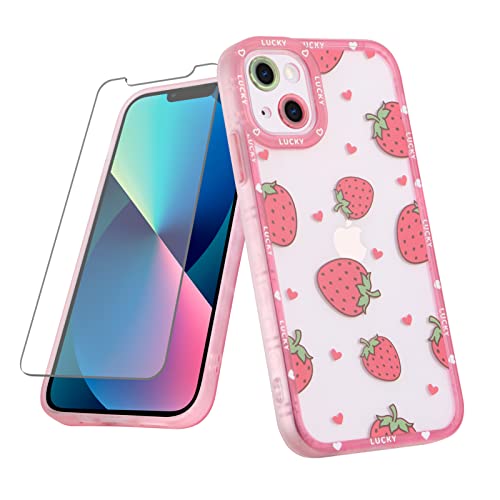 MZELQ Kompatibel mit iPhone 13 Hülle Rote Erdbeere süßes Muster, weiche TPU iPhone 13 Hülle für Mädchen Frauen + 1 x Displayschutzfolie, Kameraloch Schutz für iPhone 13 Hülle 6,1 Zoll 2021 von MZELQ