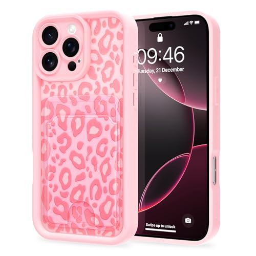 MZELQ Kompatibel mit iPhone 16 Pro Hülle Silikon Kartenhalter Niedliches Muster Leopard Gepard Cover für Mädchen Frauen - Rosa von MZELQ