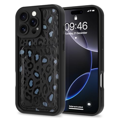 MZELQ Kompatibel mit iPhone 16 Pro Max Hülle Silikon Kartenhalter Niedliches Muster Leopard Gepard Cover für Mädchen Frauen - Schwarz von MZELQ