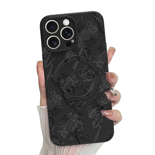 MZELQ Schutzhülle für iPhone 15 Pro, Silikon, schwarz, Blumenmuster, niedliches Muster, magnetische Unterstützung für MagSafe Sonnenblumen, Ganzkörperschutz für iPhone 15 Pro Hülle von MZELQ