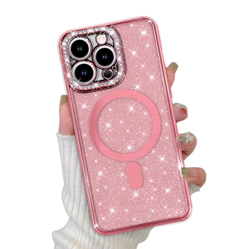MZELQ Schutzhülle für iPhone 15 Pro, magnetisch, Unterstützung für MagSafe, glitzernd, glitzernd, Diamant-Kameraobjektivabdeckung, matt, Luxus-Hülle für Mädchen und Frauen, Rosa von MZELQ