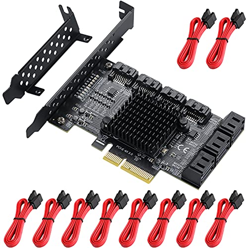 MZHOU PCIE 4X SATA Karte 10 Ports, SATA3.0 HDD 6G Erweiterungskarte,PCI-E 3.0 Controller Karte,Booten als Systemfestplatte mit 10 SATA Kabel und Low Profile Halterung-ASM1166+JMB75 Chips. von MZHOU