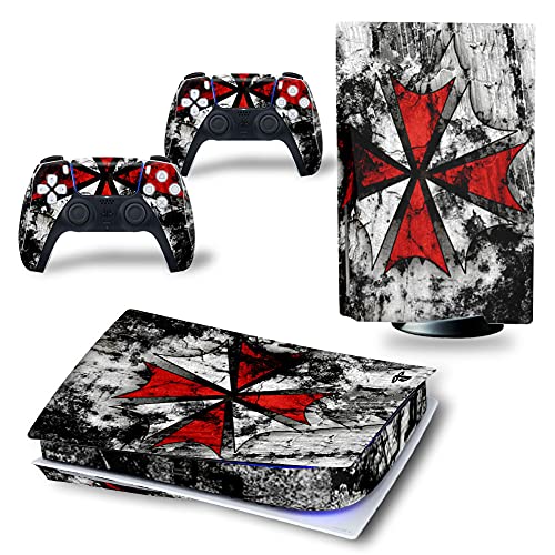 MaD Vision® Extra-Haltbares Skin-Set aus Vinyl für PS5 Disc + 5 Paar Aiming Rings | Kratzfestes Aufkleber-Set für Playstation 5 + 2 Controllers – für Resident Evil Umbrella Design von MaD Vision