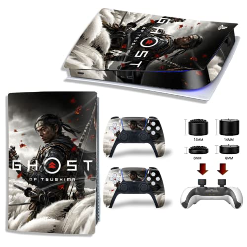 MaD Vision® Extra-Haltbares Skin-Set aus Vinyl für PS5 Digital + 5 Paar Aiming Rings | Kratzfestes Aufkleber-Set für Playstation 5 + 2 Controllers – für Ghost of Tsushima Design von MaD Vision