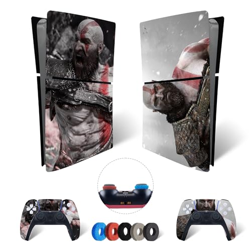 MaD Vision® Extra-Haltbares Skin-Set aus Vinyl für PS5 Digital Slim + 5 Paar Aiming Rings | Kratzfestes Aufkleber-Set für Playstation 5 + 2 Controllers – für God of War|GOW Design von MaD Vision